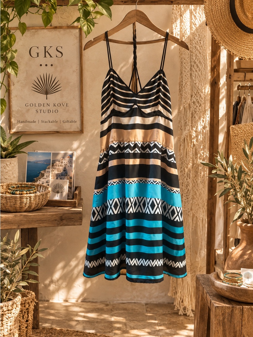 Bar III Turquoise, Black and Tan Striped Spaghetti-Strap Mini Dress